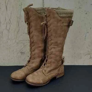 JustFab Athena Tall Riding Boots Women's Size 8.5 Lace Up Suede Brown Buckles - Picture 1 of 15