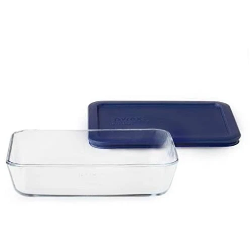 PYREX Storage 3 Cup Rectangular Dish With Dark Blue Plastic Cover Clear