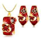 Red Flower Stud Earrings matching necklace jewellery set with rhinestones gold