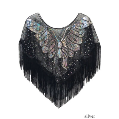 Women Butterfly Sequin Mesh Shawl Tassel Wrap Bling Cheongsam Cape Party Evening - Image 1 of 4