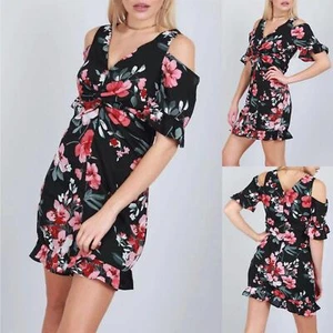 Bodycon V Neck Floral Cold Cut Shoulder Ladies Tie Knot Frill Womens Midi Dress - Picture 1 of 4