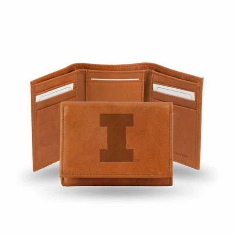 Illinois Fighting Illini Team Logo Embossed Brown Leather Trifold Wallet Cover