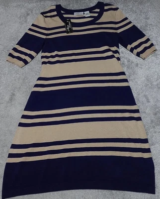 Allison Brittney Knit Dress Women's Large Blue Brown Striped Short Sleeve Casual - Image 1 of 4