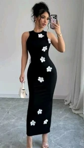 Shein Raffinea 3D Black/White Flower Decor Sleeveless Ribbed Tank Dress Large 🔥 - Picture 1 of 17