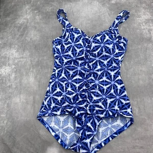 Maxine of Hollywood 1pc Swimsuit Women 16 Blue White Tie Dye Ruched Tank Pads - Picture 1 of 8