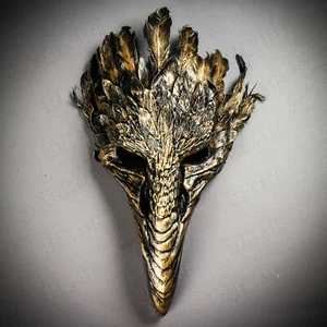 GOLD Plague Doctor Raven Bird Nose Halloween Costume Party Face Mask w/ Feather - Picture 1 of 7