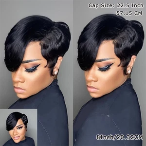 Short Black Wig Hair Pixie Cut Wig for Black Women with Bangs Layered Wavy - Picture 1 of 9