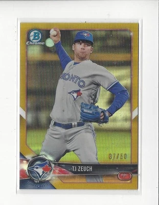 2018 Bowman Chrome Prospects Gold Refractor #BCP56 TJ Zeuch Blue Jays /50  - Image 1 of 2