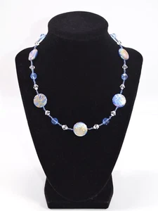 Vintage Beaded Necklace w/ Round Blue Flat Beads with Gold Color Accent 18.5" - Picture 1 of 8