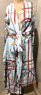 LANVIN Logo Chain Print Wrap Cutout Waist Tie Blue Cocktail Dress US 4 / FR 36 - Image 1 of 4