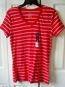 Camiseta de mujer a rayas rojas cuello en V talla grande 100 % algodón orgánico NUEVA - Imagen 1 de 3