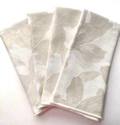 Napkins 4 ct Dinner Tan on Beige Floral Leaf Brocade 16 x 17 Fine Dining Elegant - Image 1 of 4