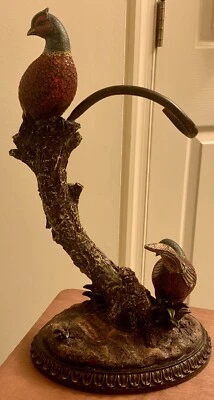 Estatueta vintage rara escultura de pássaro faisão 2 faisões em casca de árvore - Imagem 1 de 4