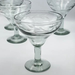 Set of 4 Etched Recycled Glass Hand Blown Margarita Martini Glasses Green - Picture 1 of 6