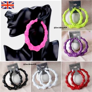 Large Colourful Women's Bamboo Hoop Earrings Hip-Hop Big Ladies Neon Party Hoops - Picture 1 of 31