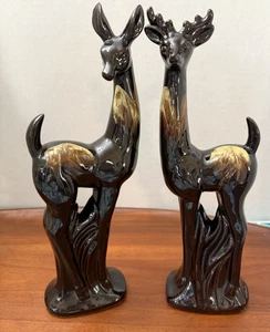 Vintage Pair of REDWARE POTTERY DEER DOE & BUCK Drip Glaze Made in Japan 10 3/4" - Picture 1 of 8