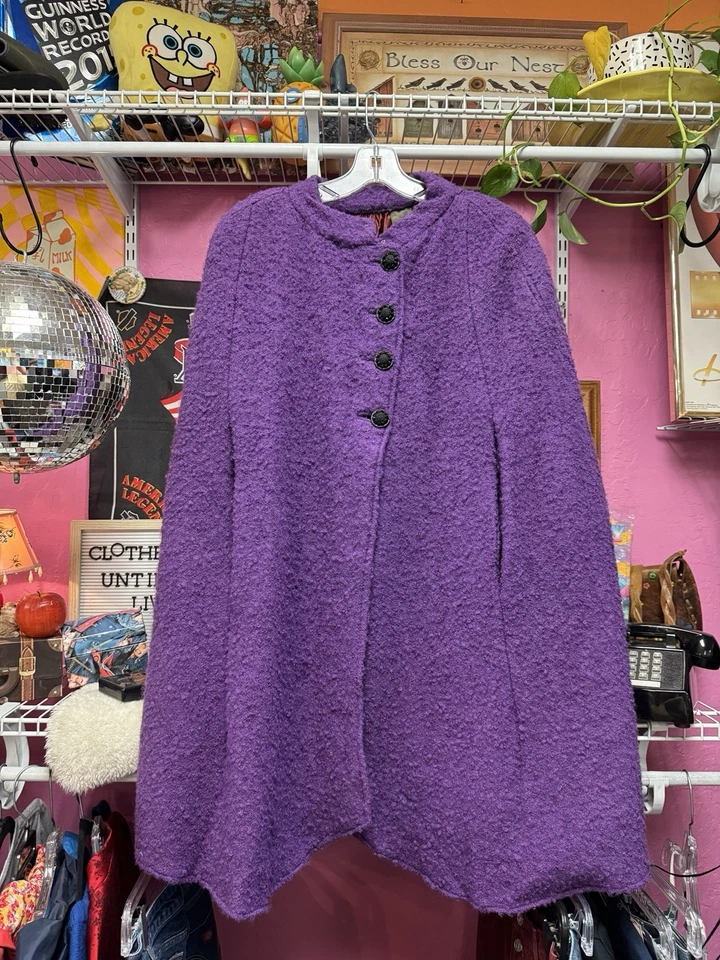 "Abrigo con capa de lana palomitas de maíz púrpura vintage hecho a mano talla única 40"" pecho" Foto 1 de 4