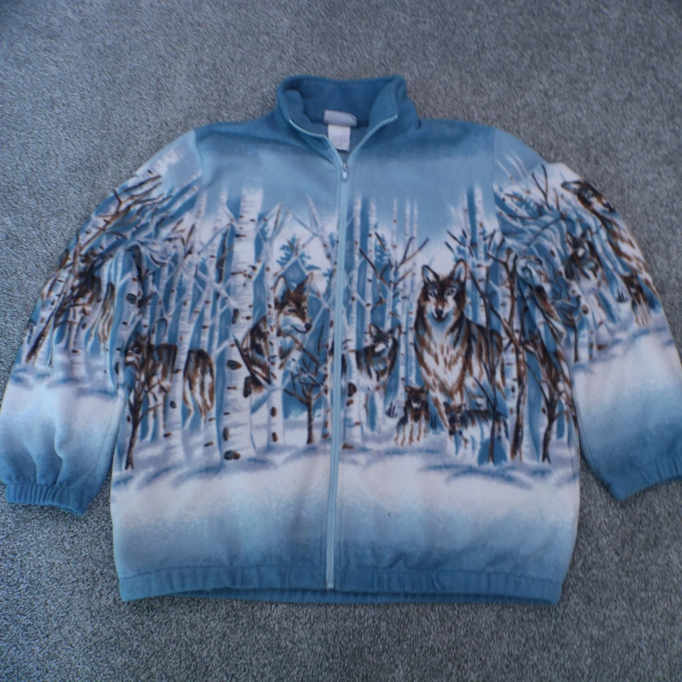 Винтажный 90-х Blair куртка женщин большой синий снежный волк природы AOP флисовое пальто - Изображение 1 из 4