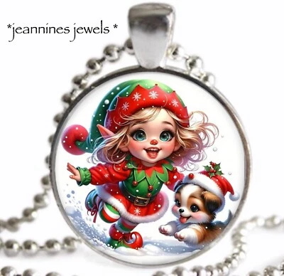 Collar de Navidad Elfo Cachorro Plata Dije Colgante Nieta Regalo de Navidad Foto 1 de 4
