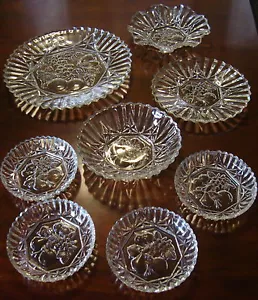 Lote de 8 cuencos de pañales de frutas prensados transparentes Pioneer de vidrio federal de 1940 - Imagen 1 de 11