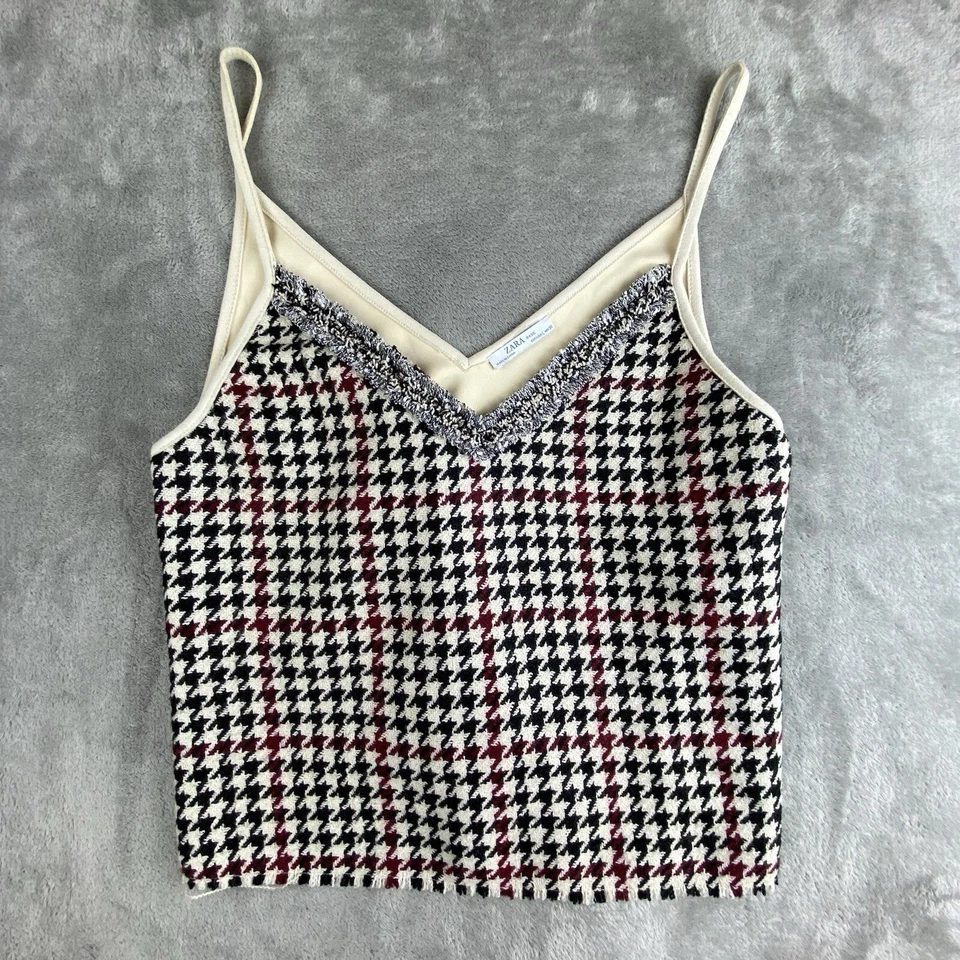 Camiseta Zara Tank feminina grande creme preta vermelha Houndstooth tweed camurça sintética - Imagem 1 de 4