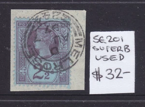 1887  2 1/2d PURPLE ON BLUE QV  SG 201 ON PIECE SUPERB USED - Picture 1 of 1