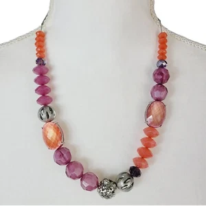 New York & Company Mixed Material Beaded Necklace Silver Tone 22" Purple Coral - Picture 1 of 6