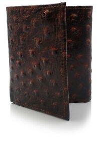 New Ostrich Imprint Mens Trifold Leather Wallet Credit Card Slot Window ID Brown