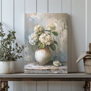 White Hydrangeas Canvas Print - Rustic Still Life Floral Art for Farmhouse & Cot - Bild 1 von 17