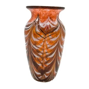 Vaso in vetro artistico piuma tirata firmato arancione marrone bianco soffiato a mano alto 7" no fl - Foto 1 di 6