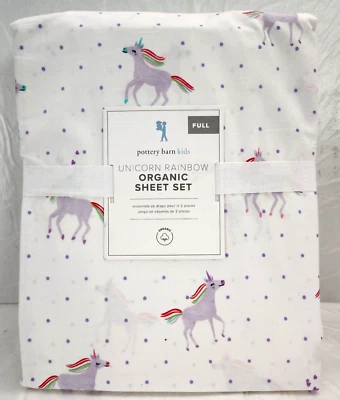 Juego de sábanas completas orgánicas Pottery Barn Kids unicornio arco iris 4 lavanda/multicolor Foto 1 de 2
