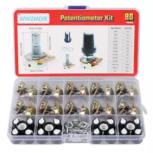 80Pcs Potentiometer Kit with Knobs B1K 2K 5K 10K 20K 50K 100K 250K 500K 1M Ohm - Picture 1 of 5