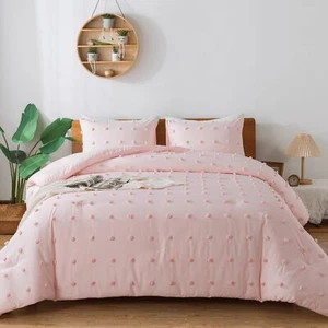 Tufted Pink Queen Comforter Set (90x90 inches), 3 Pieces- Soft Cotton Blush L... - Picture 1 of 7