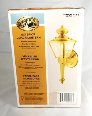 Hampton Bay Exterior Coach Lantern Polished Brass Beveled Glass Outdoor Wall - Image 1 of 3