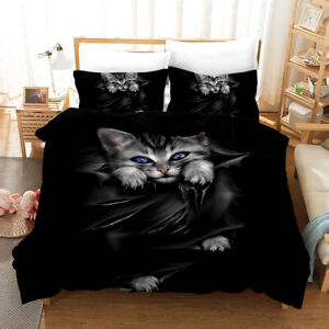 3D Naughty Cat Black Bedding Set Duvet Cover Comforter Cover Pillow Case