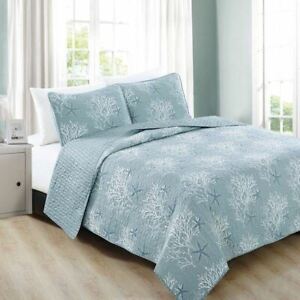 Blue White Beach Ocean Coral Starfish 3 pc Quilt Set Twin Full Queen King Bed
