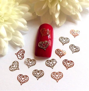 50 x Nail Art Silver Rose Gold Valentines Love Hearts Thin Metal Spangles 2VH - Picture 1 of 2