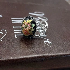 Vintage Floral Glas Kamee Ring verstellbar Edelstahl Band 60er 70er Geschenk - Bild 1 von 14