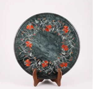 18'' Green Marble Round Coffee Table Top Carnelian Stone Inlay Bed Side Tabletop - Picture 1 of 10
