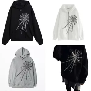 Women Hooded Sweatshirt Coat Jacket Spider Web Diamond Gothic Punk Harajuku - Picture 1 of 13