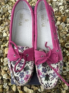 House Of Bruar Floral Liberty Flat Boat Deck Shoe Purple Fuchsia New In Box - Picture 1 of 14