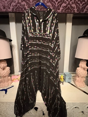Anna Sui Sequin Boho Oversize Kaftan $740 NWT Flared Pink Green Flowers Sz S - Image 1 of 4