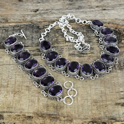 Set Regalo Unico In Amatista Gemma In Argento Sterling 925 Collana Bracciale - Immagine 1 di 4