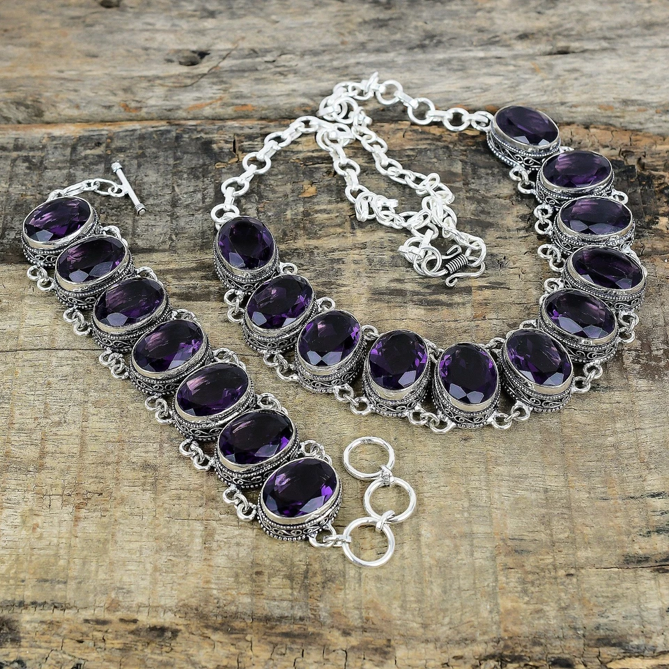 Set Regalo Unico In Amatista Gemma In Argento Sterling 925 Collana Bracciale - Immagine 1 di 4