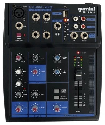 Gemini GEM-05USB Compact 5 Channel Bluetooth Mixer w/USB 5 Ins/2 Bus/2 Band EQ - Image 1 of 4