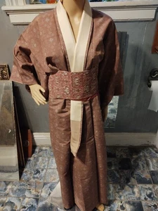 Vintage rosafarbener Seidenkimono TSUMUGI/Pongee mit passender Stickerei Obi - Bild 1 von 12