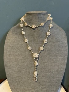 Vintage Elegant Pearl and silver Seed Bead Necklace, 36” - Picture 1 of 4