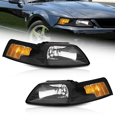WEELMOTO Pair Headlights For 1999-2004 Ford Mustang Black Headlamps Left+Right - Image 1 of 4