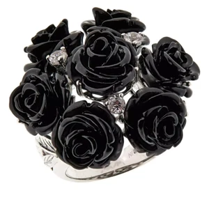 Rarities Black Carved Coral Accented White Zircon Rose Bouquet Ring Size 5 - Picture 1 of 2