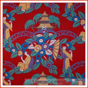 BonEful Fabric FQ Cotton Quilt Red FLOWER Geisha GIRL Oriental Green Tree Scenic - Picture 1 of 11